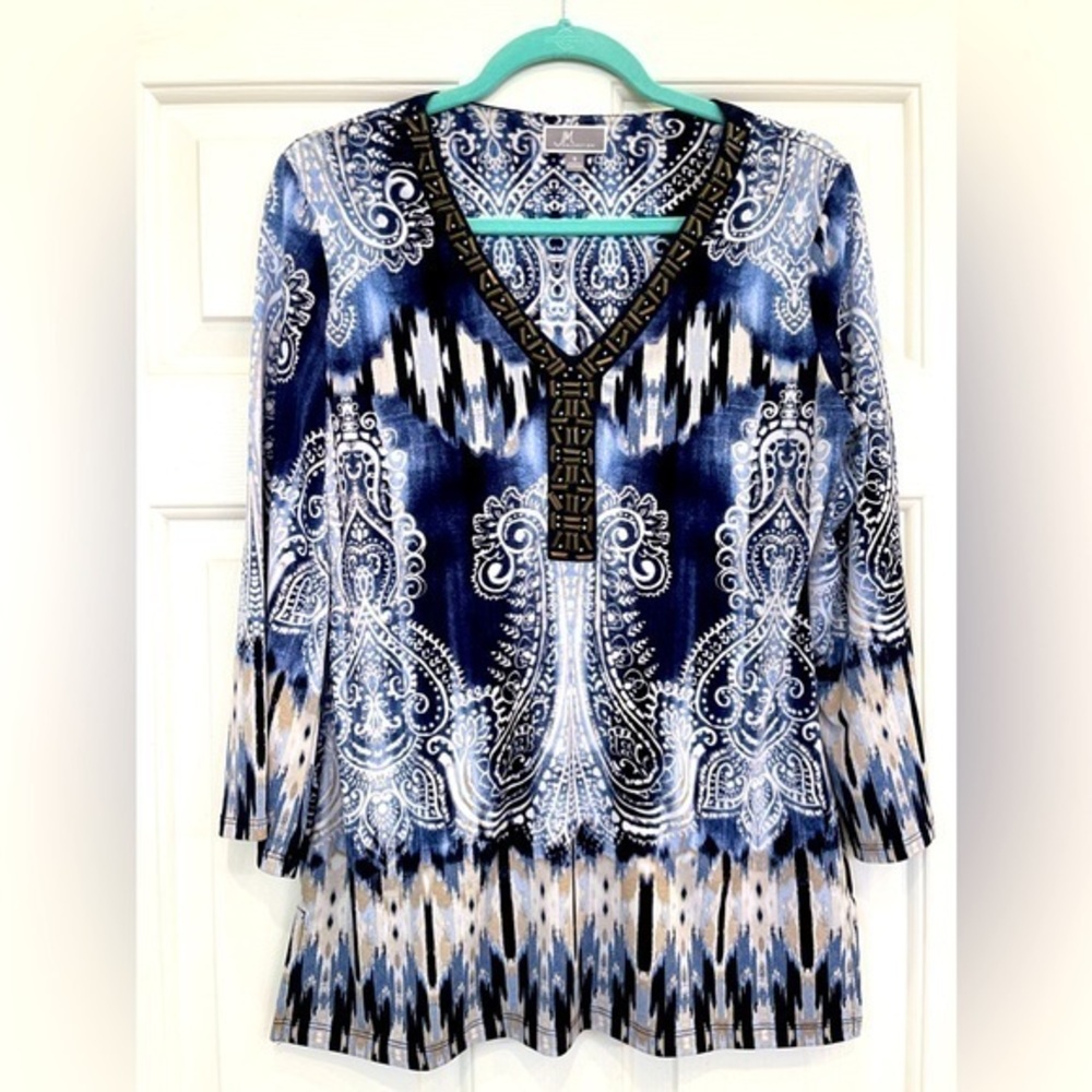 JM Collection Embellished Tunic Top Blue Moroccan Print Size Small